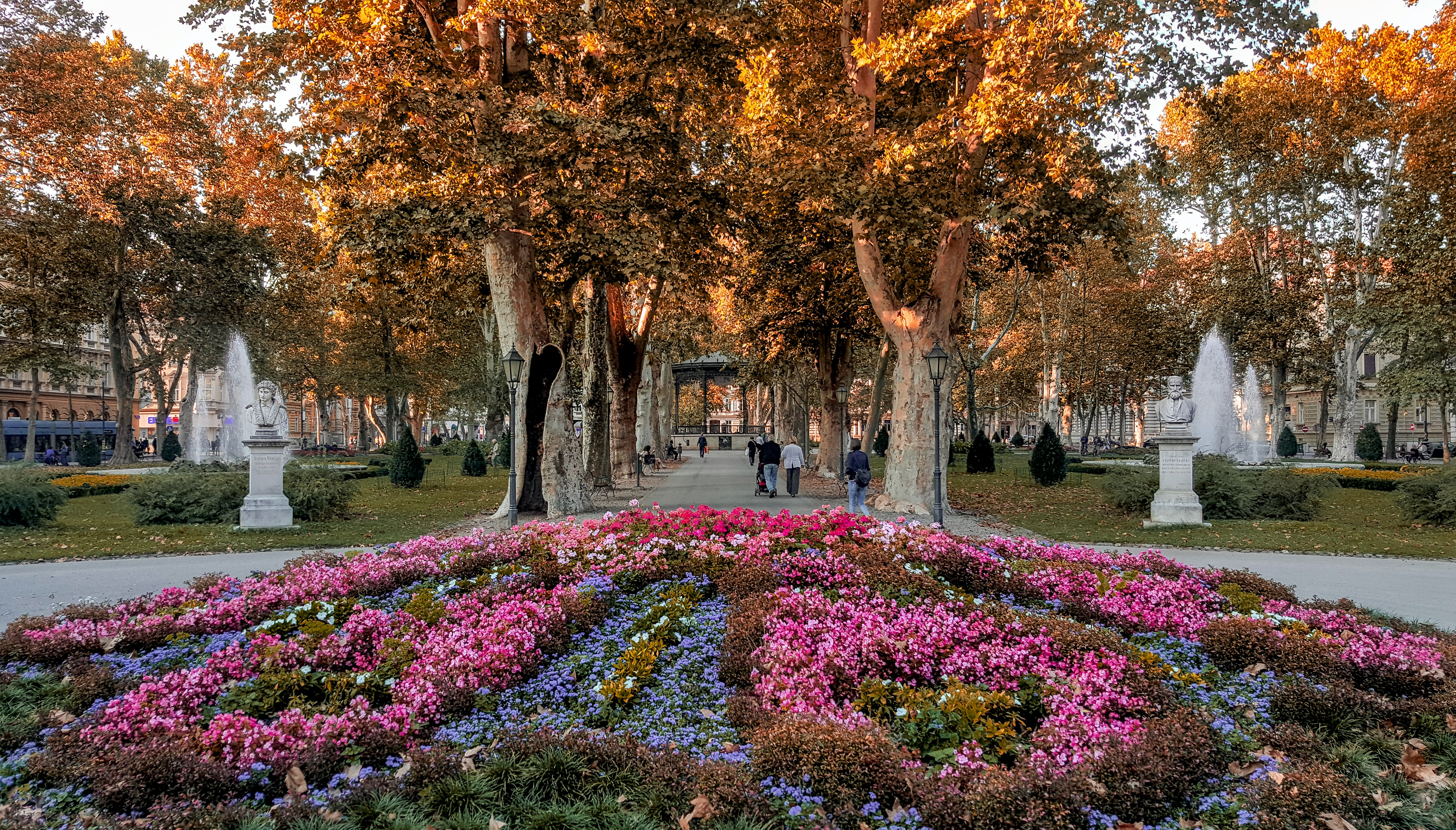 Beautiful flowers on flower bed in park in city of Zagreb in Croatia.