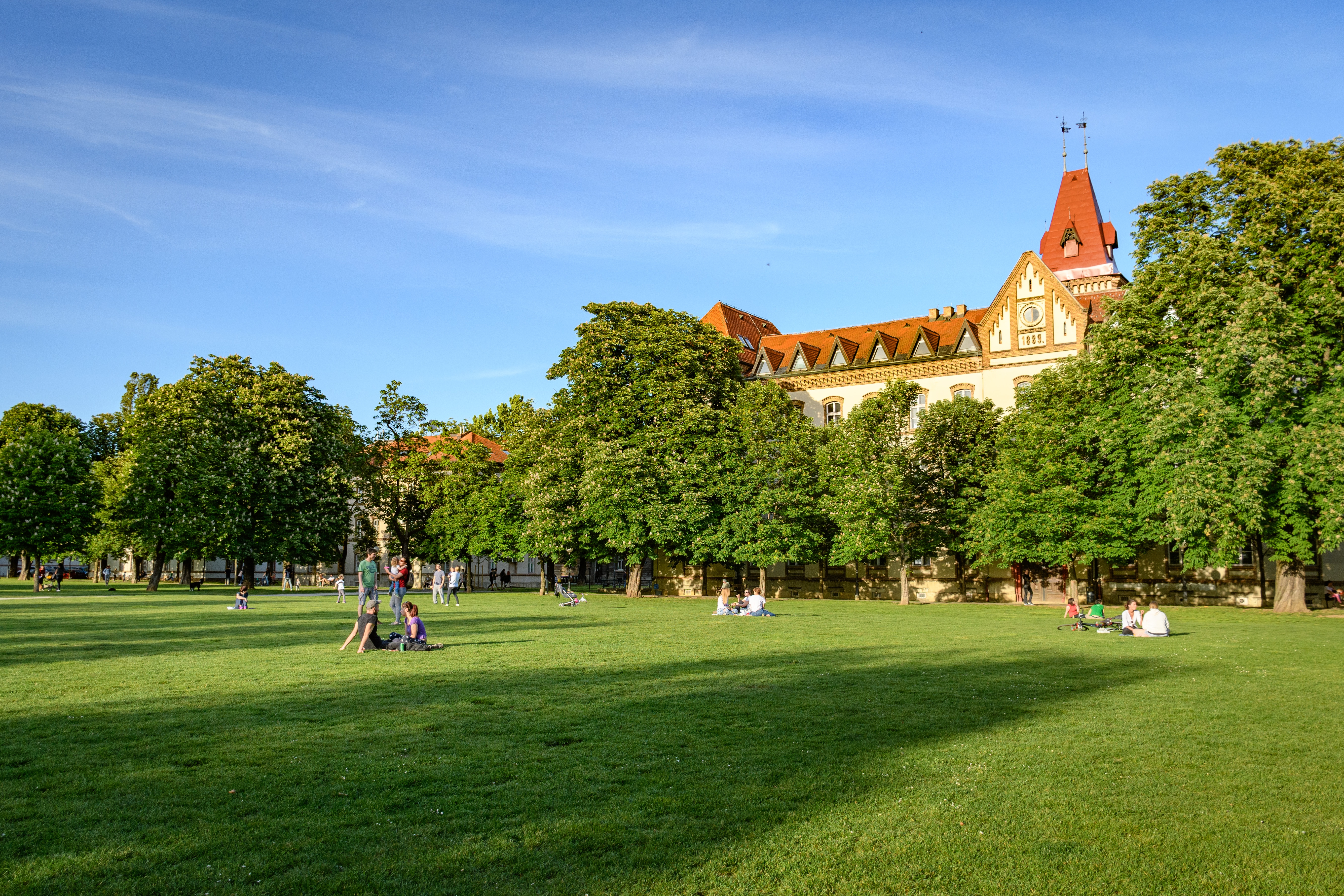 People sitting on grass in park in city. Incidental people enjoying free time in Zagreb, Croatia.